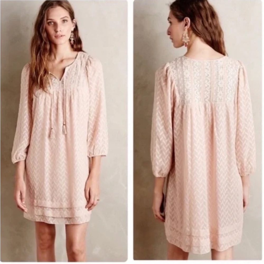 Anthropologie One September Boho Sheer Puff Sleeve Babydoll Chevron Dress XS